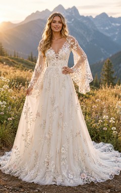 Vestido de novia bohemio de encaje con mangas acampanadas y corte en A, estilo pradera de montaña.