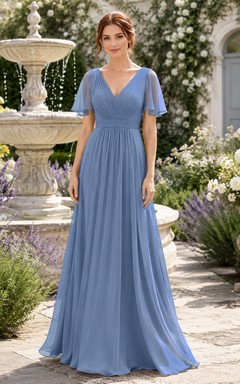 Steel Blue Outdoor Garden A-Line Chiffon Bridesmaid Dress with V-Neck Flutter Sleeve Bodice, Pleated Floor-Length Skirt and Low V Back