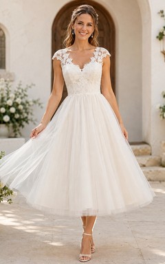 Romantic Cap Sleeve Floral Lace Tulle A-Line Tea-Length Vow Renewal Wedding Dress