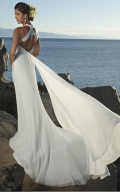 Etuikleid im Empire-Stil mit V-Ausschnitt, aus Chiffon, schlichtes Strand-Hochzeitskleid