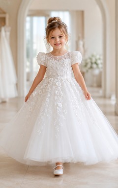 Robe de demoiselle d'honneur en tulle et dentelle à manches bouffantes