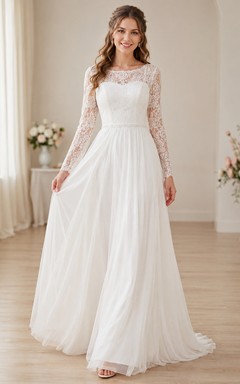 Budget High Neck Lace Chiffon Wedding A Line Long Sleeve Sweep Train