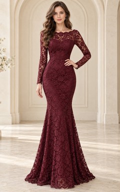 Vestido de noche formal de sirena color borgoña con escote barco festoneado, mangas largas ilusión, encaje floral y cola larga.
