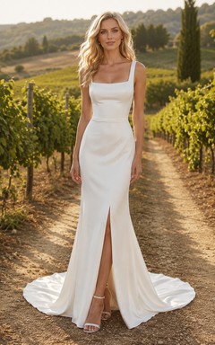 Brautkleid im Landhausstil aus Satin, Etuikleid mit eckigem Ausschnitt, ärmellos, Schleppe und tiefem V-Ausschnitt am Rücken