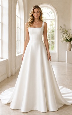 Brautkleid aus Satin, A-Linie, eckiger Ausschnitt, ärmellos, bodenlang, tiefer V-Ausschnitt am Rücken