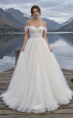 Off Shoulder Tulle Ball Gown Wedding Dress with Sweetheart Bodice and Keyhole Back