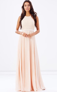 Ärmelloses, plissiertes Spaghetti-Chiffon-Brautjungfernkleid mit Spitze und Bändern