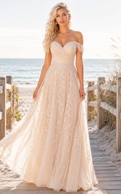 Vestido de novia romántico de corte A con encaje y tul, escote corazón.