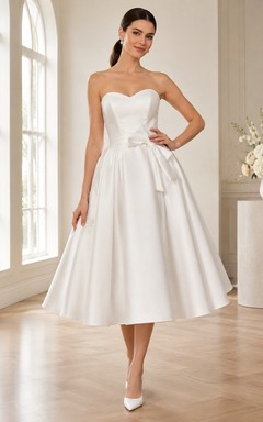 White Satin Sweetheart Sleeveless Bowed A-Line Tea-Length Elegant Dress