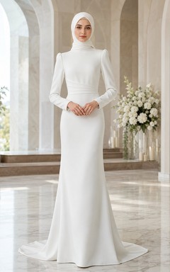 Modest Muslim Long Sleeve High Neck Crepe Sheath Wedding Dress