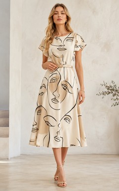 Vestido midi de corte A con mangas cortas y estampado abstracto de rostro