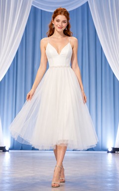 White V Neck Tulle Tea Length Graduation Dress