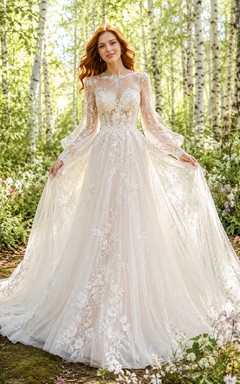Bohemian Long Sleeve Applique Tulle Forest Bridal Gown