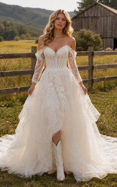 Off-the-Shoulder Layered Tulle Country Wedding Dress with Long Lace Sleeves