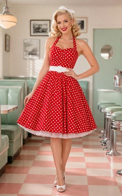 Vintage Red Polka-Dot Halter Sleeveless Fit-and-Flare Tea-Length Rockabilly Swing Dress