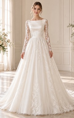 Long Sleeve Bateau Neck Satin Lace A-Line Wedding Dress