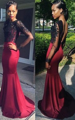 Stunning Long Sleeve Black Lace Evening Dresses Long Burgundy Prom Party Gown