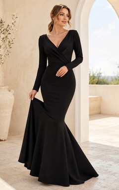 Black Jersey V-Neck Long-Sleeve Mermaid Sweep-Train Formal Dress