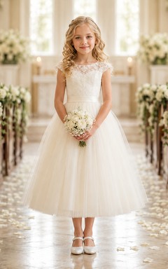 Ivory Lace Illusion Bodice Tulle Flower Girl Dress