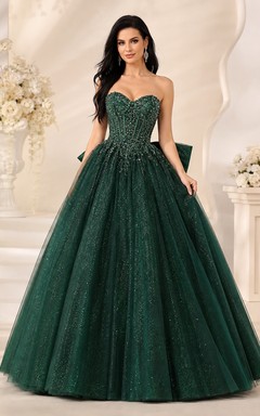 Vestido de fiesta largo hasta el suelo, sin tirantes, de tul brillante, color verde oscuro, estilo princesa.