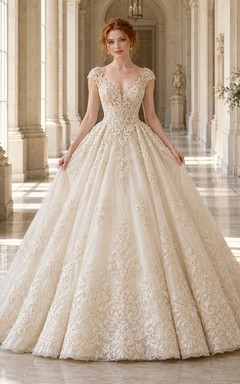 Romantic Cap Sleeve Floral Embroidered Lace Ball Gown Wedding Dress