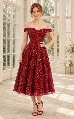 Elegantes, rotes Paillettenkleid mit schulterfreiem Ausschnitt, kurzen Ärmeln, A-Linien-Schnitt und Teelänge