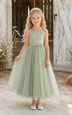 Flower Girl Dress Sage Lace Tulle A-Line Jewel Neck Tea Length