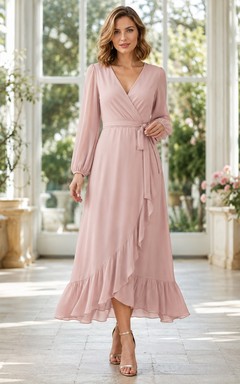 Dusty Rose Chiffon V-neck Poet Sleeve Ruffled Floor-length Ceremony Dress