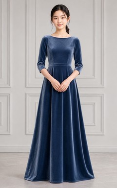 Dark Navy Junior Bridesmaid Dress A-Line Jewel Long Sleeve Velvet Luxury