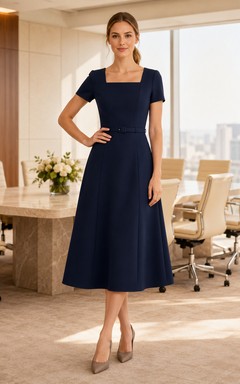 Marineblaues Business-Midikleid mit eckigem Ausschnitt, kurzen Ärmeln und A-Linien-Schnitt