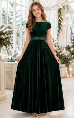 Dunkelgrünes Brautjungfernkleid für junge Mädchen, A-Linie, eckig, kurze Ärmel, Samt, Luxus