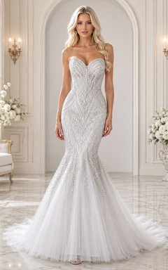 Silbernes Meerjungfrauen-/Trompeten-Brautkleid mit Herzausschnitt, ärmellos, bodenlang, mit Schleppe, sexy Kleid