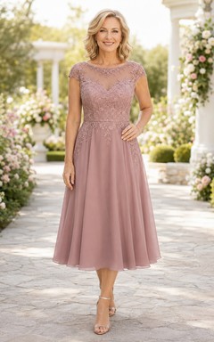 MOB-Kleid aus altrosafarbenem Chiffon mit Spitze, A-Linie, kurzen Ärmeln, U-Boot-Ausschnitt, Teelänge