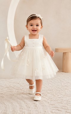 Modern Baby Baptism Christening Ceremony Dress A-Line Knee-Length Square Neck Sleeveless Tulle Button Back