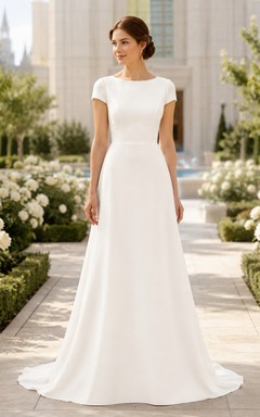 Vestido de novia de corte A modesto con mangas cortas estilo Temple Garden