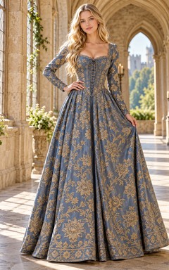 Robe de cérémonie médiévale vintage à col carré et manches longues, bleue et or à fleurs, style floral.