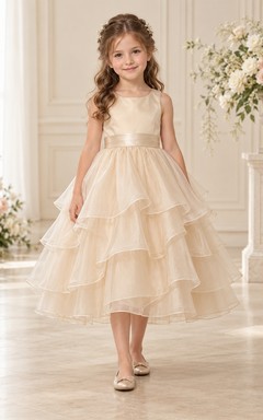 Tea-length Ivory A-line Organza Sleeveless Sashed Layered Round-Neck Flower Girl Dress