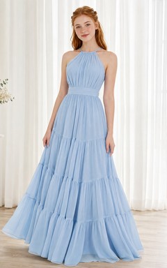 Himmelblaues Brautjungfernkleid für junge Mädchen, A-Linie, Neckholder, ärmellos, Stufenrock, bezaubernd