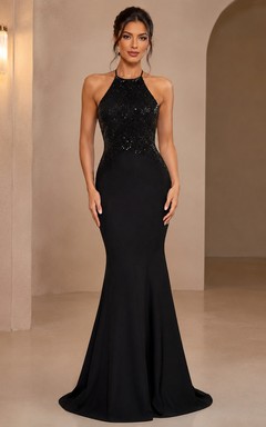 Black Sequin Halter Mermaid Evening Gown