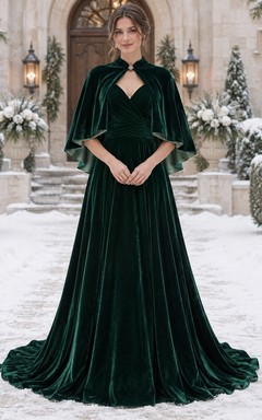 Dark Green Sweetheart Velvet A-line Short Cape Wedding Dress