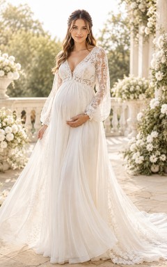 Vestido de novia premamá modesto de manga larga con encaje y escote en V