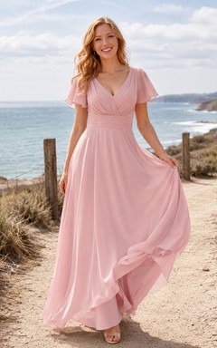 Pearl Pink Coastal A-Line Chiffon Bridesmaid Dress with V-Neck Flutter Sleeve Bodice, Pleated Floor-Length Skirt and Low V Back