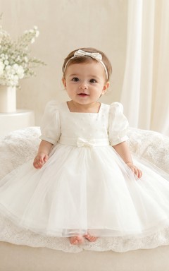 Baby Baptism Christening Ceremony Dress A-Line Knee-Length Square Neck Puff Sleeve Tulle Satin Button Back