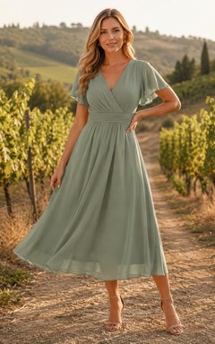Sage Country Vineyard Wedding Guest Bridesmaid Cocktail Formal Dress A-Line Tea-Length V-Neck Short Sleeve Chiffon Zipper Back