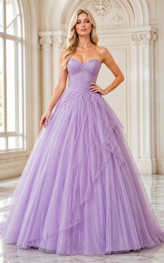 Asymmetric Tulle Lavender Ball Gown Floor-length Spaghetti Sweetheart Sleeveless Luxury Romantic Prom Quinceanera Celebrity Dress