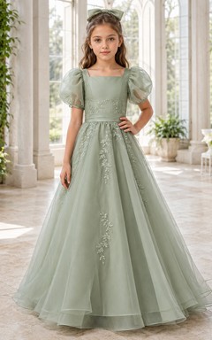 Robe de demoiselle d'honneur en dentelle sauge et tulle, coupe trapèze, col rond, longueur au sol