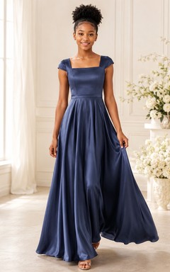 Dark Navy Junior Bridesmaid Dress A-Line Square Short Cap-Sleeve Satin Elegant Modern