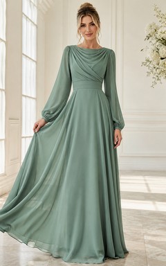 Vestido largo de gasa con mangas estilo poeta y corte en A, color verde salvia.