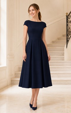 Robe de confirmation bleu marine foncé à manches courtes, plissée, en satin, coupe trapèze, longueur thé, manches bateau, plissée, en satin.