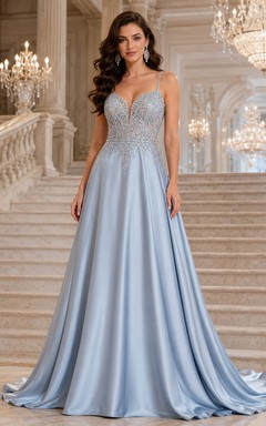 Light Blue Crystal Bodice Satin A Line Gala Gown
